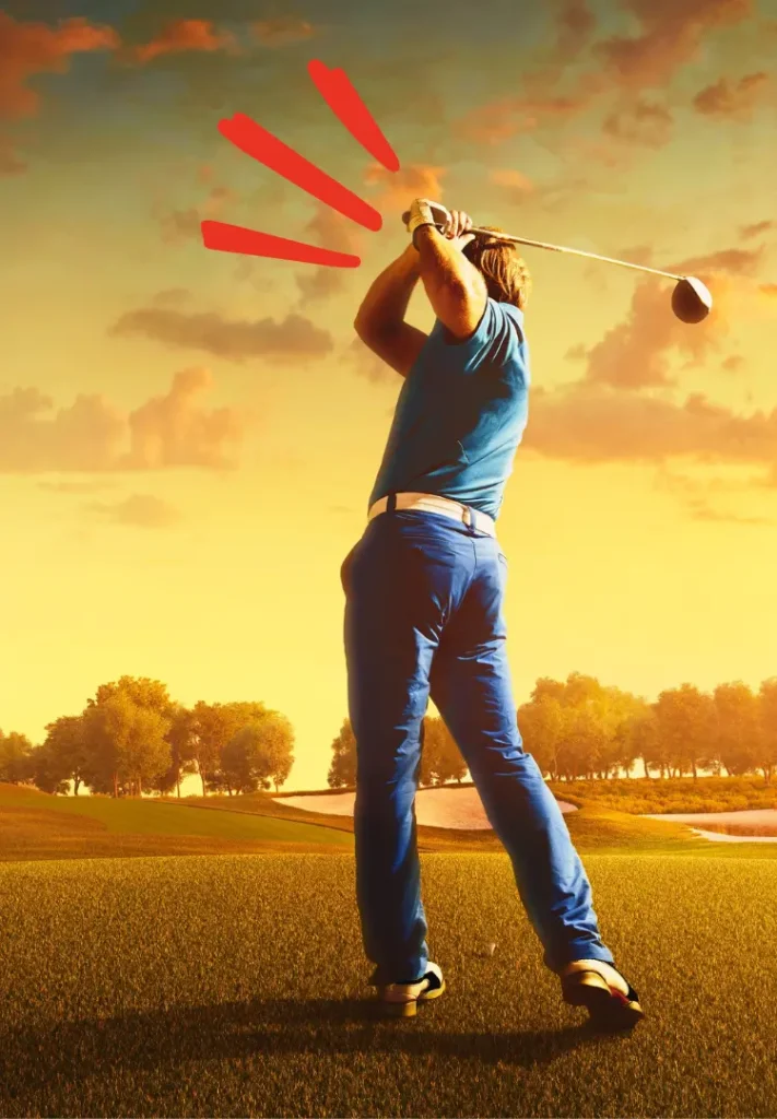 Image of woman swinging a golf club at sunset.